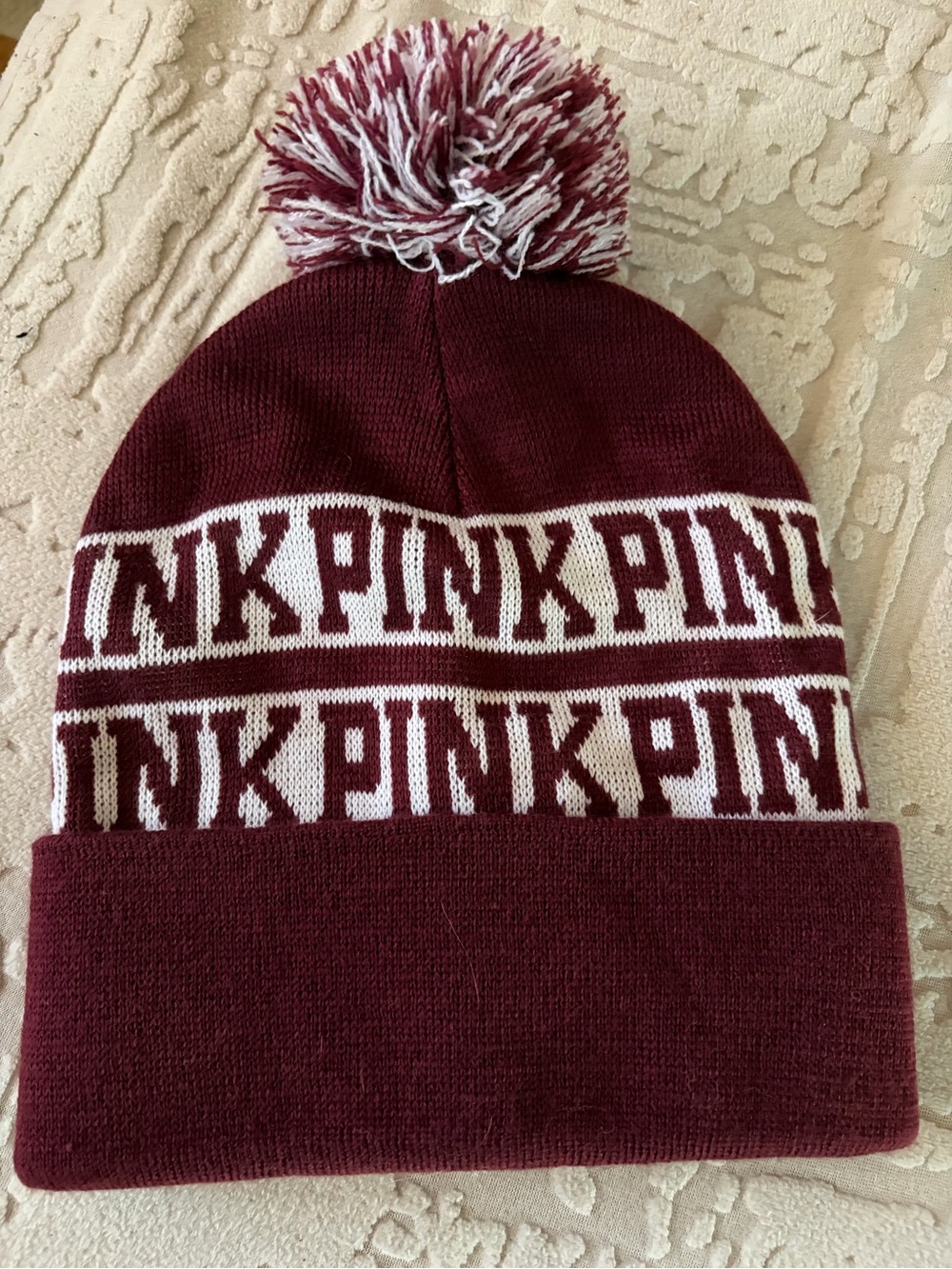 PINK Victoria's Secret Maroon & White Pom Knit Beanie